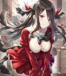  1girl ascot black_hair blush breasts brooch building cleavage cleavage_cutout commentary_request dress highres jewelry large_breasts long_hair looking_at_viewer original parted_lips red_dress red_eyes rin_yuu sidelocks solo standing wind 
