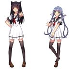  1girl 2girls :o animal_ears black_legwear black_sailor_collar blue_hair brown_footwear brown_hair cat_ears commentary_request dress eyebrows_visible_through_hair green_eyes hair_ribbon hand_on_hip highres loafers long_hair looking_at_viewer low_twintails multiple_girls neckerchief open_mouth original purple_ribbon red_eyes red_neckwear ribbon sailor_collar sailor_dress shoes short_dress short_sleeves sky smile star_(sky) starry_sky thigh-highs twintails very_long_hair weiyinji_xsk white_dress zettai_ryouiki 