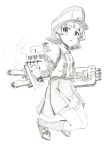  1girl :o absurdres arare_(kantai_collection) cannon collared_shirt commentary_request full_body greyscale gun hat highres jumping kantai_collection long_sleeves looking_at_viewer machinery monochrome parted_lips peaked_cap pink_x pleated_skirt scan shirt short_hair short_over_long_sleeves short_sleeves simple_background skirt smoke smoking_gun socks solo suspender_skirt suspenders traditional_media weapon white_background wing_collar 