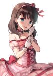 1girl bangs bare_shoulders blush brown_hair collarbone commentary detached_sleeves dress eyebrows_visible_through_hair gloves hairband head_tilt idolmaster idolmaster_cinderella_girls long_hair midorikawa_you parted_lips pink_dress pink_hairband puffy_short_sleeves puffy_sleeves sakuma_mayu short_sleeves simple_background smile solo strapless strapless_dress white_background white_gloves 