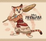  1girl brown_background brown_eyes cat character_name commentary_request copyright_name dress fangs furrification happy holding holding_oar moana_(movie) moana_waialiki no_humans oar pun shiroyama_rikuta smile solo standing zootopia 