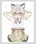  1girl animal_ears arms_behind_head back_bow bare_shoulders belt blonde_hair bow bowtie cat_ears commentary_request dnsdltkfkd elbow_gloves eyebrows_visible_through_hair frilled_skirt frills glasses gloves hairband_in_mouth kemono_friends korean_commentary margay_(kemono_friends) margay_print multicolored_hair short_hair skirt sleeveless solo yellow_eyes 
