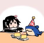  1girl :3 black_hair cake candle food fork hair_ornament hat kantai_collection lowres party_hat remodel_(kantai_collection) sendai_(kantai_collection) smile solid_circle_eyes solo stuffed_animal stuffed_shark stuffed_toy terrajin 