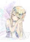  1girl bang_dream! bangs blonde_hair blush eyebrows_visible_through_hair fairy_wings half_updo hands_clasped head_tilt head_wreath long_hair own_hands_together partially_submerged shirasagi_chisato smile sohu solo violet_eyes wings 