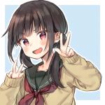  1girl :d bangs blue_background blush brown_cardigan brown_hair cardigan commentary_request double_v eyebrows_visible_through_hair fangs green_sailor_collar hands_up head_tilt long_hair long_sleeves looking_at_viewer low_twintails midorikawa_you neckerchief open_mouth original outline red_eyes red_neckwear sailor_collar school_uniform serafuku sleeves_past_wrists smile smug solo twintails two-tone_background v white_background white_outline 