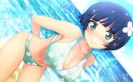  1girl aqua_bikini aqua_eyes bangs bare_shoulders beach bikini blue_hair blush breasts cleavage closed_mouth collarbone dark_blue_hair dutch_angle furrowed_eyebrows hair_ornament kayama_kenji large_breasts navel senran_kagura short_hair smile solo sparkle swimsuit water wet yozakura_(senran_kagura) 