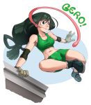  1girl asui_tsuyu bike_shorts black_eyes black_hair boku_no_hero_academia breasts brown_gloves commentary elbow_pads english_commentary frog_girl full_body gloves hair_rings jumping long_hair long_tongue low-tied_long_hair medium_breasts parkour shoes sneakers solo sports_bra tongue tongue_out very_long_hair very_long_tongue whistle_frog 