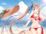  1girl absurdres bare_arms bare_shoulders beach bikini bird blue_eyes blue_ribbon breasts brown_hair cleavage clouds collarbone eyebrows_visible_through_hair eyewear_on_head fal_(girls_frontline) girls_frontline hair_ribbon hat highres hips midriff navel ocean one_eye_closed open_mouth outdoors red_bikini ribbon sky solo sunlight swimsuit waves wide_hips zhao_(pixiv12947327) 