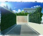  blue_sky bush clouds cola_(gotouryouta) commentary_request day fence no_humans original outdoors road scenery sky street tree 