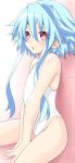  1girl blanc blue_hair iwasi-r neptune_(series) pink_background red_eyes sitting swimsuit thighs visible_ears white_heart white_swimsuit 