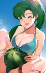  1girl beach bikini breasts closed_eyes collarbone cute day fire_emblem fire_emblem:_rekka_no_ken fire_emblem:_the_blazing_blade fire_emblem_7 fire_emblem_blazing_sword fire_emblem_heroes food fruit green_eyes green_hair high_ponytail highres holding holding_fruit intelligent_systems long_hair lyndis_(fire_emblem) melon moe navel nintendo ormille ponytail smile solo summer super_smash_bros. swimsuit watermelon 