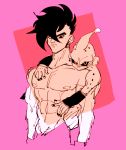  1boy bad_id bad_pixiv_id black_eyes black_hair dragon_ball expressionless looking_at_viewer majin_buu male_focus mohawk nipples older onkywi pink_background serious shirtless simple_background upper_body uub 