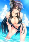  1girl beach black_hair black_swimsuit blush breasts bukkan cleavage cleavage_cutout collarbone day hand_on_own_knee headgear kantai_collection large_breasts leaning_forward long_hair looking_at_viewer nagato_(kantai_collection) navel_cutout one-piece_swimsuit outdoors partially_submerged red_eyes shiny shiny_hair smile solo swimsuit upper_body 