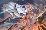  1girl absurdres altera_(fate) bangs bare_shoulders battlefield blunt_bangs breasts cleavage closed_mouth detached_sleeves fate/extella fate/extra fate/grand_order fate_(series) fighting_stance flag full_body full_body_tattoo god_hunter headdress helmet highres holding holding_weapon legs looking_at_viewer medium_breasts midriff navel night outdoors photon_ray polearm red_eyes red_footwear shiny shiny_hair short_hair showgirl_skirt skirt sky socks solo sparks stomach_tattoo sword tagme tan tattoo thighs weapon white_hair white_skirt 