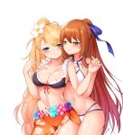  2girls absurdres alternate_costume bangs bare_legs bikini blonde_hair bloody0rabby blue_eyes blush braid breasts brown_hair c: cleavage closed_mouth collarbone couple criss-cross_halter eye_contact eyebrows_visible_through_hair female g36_(girls_frontline) girls_frontline green_eyes groin hair_between_eyes hair_ribbon hair_rings half-closed_eyes halterneck highres jewelry large_breasts legs long_hair looking_at_another m1903_springfield_(girls_frontline) medium_breasts midriff multiple_girls navel necklace o-ring o-ring_bikini o-ring_swimsuit o-ring_top orange_sarong ponytail ribbon sarong side_slit sidelocks simple_background skindentation smile standing stomach swimsuit very_long_hair white_background white_bikini white_swimsuit yuri 