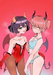  2girls absurdres alisa_(girls_und_panzer) alternate_costume aomushi_(mushamusha) ass_grab bangs black_wings blue_bra blue_panties blush bra breasts brown_eyes brown_hair brown_legwear choker closed_mouth collarbone commentary crotch_zipper demon_girl demon_tail demon_wings embarrassed eyebrows_visible_through_hair freckles frilled_bra frilled_panties frills frown girls_und_panzer gloves hair_ornament hand_on_own_chest highres horns leotard looking_at_viewer multiple_girls naughty_face panties pantyhose pink_choker red_gloves red_leotard red_wings short_hair short_twintails small_breasts smile standing star star_hair_ornament strapless strapless_leotard succubus tail twintails underwear underwear_only utsugi_yuuki wavy_mouth wings zipper 