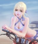  1girl artist_name bangs bicycle bikini blonde_hair blue_bow bow breasts character_request cleavage closed_mouth commentary dated english_commentary green_eyes ground_vehicle hair_bow highres lipstick looking_at_viewer makeup mars_foong medium_breasts pink_lipstick short_hair smile solo speedpaint swimsuit white_bikini 