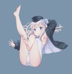  1girl armpits ass bangs bare_legs barefoot blue_eyes blush commentary_request emia_wang eyebrows_visible_through_hair garrison_cap hair_between_eyes hair_ornament hair_ribbon hat kantai_collection legs legs_up long_hair long_sleeves looking_at_viewer one-piece_swimsuit open_mouth puffy_long_sleeves puffy_sleeves ribbon simple_background soles solo swimsuit swimsuit_under_clothes thighs toes u-511_(kantai_collection) white_hair 