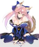  1girl animal_ear_fluff animal_ears blue_legwear blue_ribbon blush breasts cleavage fate/extra fate/extra_ccc fate/grand_order fate_(series) fox_ears fox_girl fox_tail hair_ribbon heart heart-shaped_pupils highres japanese_clothes large_breasts looking_at_viewer pink_hair ribbon seiza simple_background sitting solo symbol-shaped_pupils tail tamamo_(fate)_(all) tamamo_no_mae_(fate) white_background yellow_eyes 