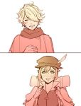  1boy 1girl blush closed_eyes dress embarrassed hair_over_one_eye hat jewelry long_hair mella monochrome octopath_traveler open_mouth scarf short_hair simple_background smile therion_(octopath_traveler) tressa_(octopath_traveler) 