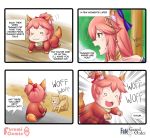  2girls 4koma :3 anger_vein animal animal_ear_fluff animal_ears baby barking comic commentary_request dog english fang fate/grand_order fate_(series) fox_ears fox_girl fox_tail hair_ribbon highres keita_naruzawa multiple_girls open_mouth paws pink_hair ponytail ribbon short_ponytail sitting speech_bubble tail tamamo_(fate)_(all) tamamo_cat_(fate) tamamo_no_mae_(fate) yellow_eyes younger 