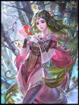  1girl artist_name bracelet copyright_name flower green_hair highres jewelry leaf legend_of_the_cryptids long_hair maple_leaf necklace official_art red_eyes sparkle thigh-highs tiara tree very_long_hair yu-han_chen 