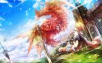  bahamut_lagoon blonde_hair blue_sky bracer byuu cape clouds day dragon grass highres house leaf looking_at_another outdoors planted_sword planted_weapon red_cape salamando sitting sky solo sword touka_(jue) weapon wind 