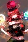  1girl bare_shoulders breasts chains choker cowboy_shot earth_(ornament) glowing glowing_eyes hecatia_lapislazuli highres large_breasts moon_(ornament) navel plaid plaid_skirt polos_crown raptor7 red_eyes redhead skirt solo touhou 