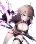  1girl bangs belt_buckle bikini black_belt black_bikini black_gloves black_jacket breasts brown_eyes buckle cleavage commentary_request eyebrows_visible_through_hair fate/grand_order fate_(series) ginopi gloves hair_bobbles hair_ornament highres jacket jeanne_d&#039;arc_(alter)_(fate) jeanne_d&#039;arc_(alter_swimsuit_berserker) jeanne_d&#039;arc_(fate)_(all) katana leg_belt light_brown_hair long_sleeves looking_at_viewer medium_breasts navel o-ring o-ring_bikini o-ring_bottom o-ring_top parted_lips sheath sheathed smile solo swimsuit sword weapon white_background 