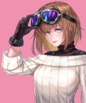  1girl blue_eyes brown_hair fusante gloves goggles goggles_on_head highres layered_clothing lips looking_at_viewer off_shoulder original ribbed_sweater short_hair simple_background solo sweater turtleneck upper_body 