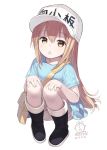 1girl :o artist_logo artist_name bag bangs baseball_cap black_footwear blue_shirt capriccio child commentary_request dated eyebrows_visible_through_hair full_body hands_on_own_knees hat hat_writing hataraku_saibou looking_at_viewer platelet_(hataraku_saibou) shirt short_sleeves shorts shoulder_bag simple_background sketch_eyebrows solo translated white_hat white_shirt white_shorts yellow_eyes
