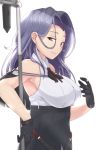  1girl black_gloves black_skirt blush breasts capelet commentary gloves kantai_collection large_breasts light_smile looking_at_viewer medium_hair polearm purple_hair remodel_(kantai_collection) skirt solo tatsuta_(kantai_collection) violet_eyes weapon white_background wo_jianqiang_fu_guo 