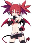  1girl :q bat_wings belt black_gloves black_legwear demon_girl demon_tail disgaea earrings elbow_gloves etna eyebrows_visible_through_hair flat_chest gloves ixy jewelry looking_at_viewer makai_senki_disgaea mini_wings miniskirt navel pointy_ears red_eyes redhead short_hair simple_background skirt skull_earrings smile solo standing tail thigh-highs tongue tongue_out twintails white_background wings 