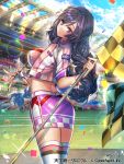  1girl black_hair blue_sky braid breasts checkered checkered_flag day fingerless_gloves flag gloves holding holding_flag interitio jacket large_breasts long_hair looking_back official_art outdoors pencil_skirt pink_jacket purple_skirt racequeen shiny shiny_clothes skirt sky smile solo stadium standing striped striped_legwear sunlight tenka_touitsu_chronicle very_long_hair violet_eyes watermark white_gloves white_legwear 