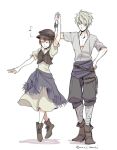  1boy 1girl brown_hair closed_eyes couple dancing dress full_body hat jewelry long_hair monji_samonji necklace octopath_traveler shirt short_hair simple_background smile therion_(octopath_traveler) tressa_(octopath_traveler) 