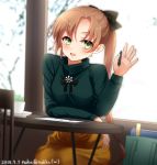  1girl akigumo_(kantai_collection) black_bow blush bow breasts brown_hair cafe chair cup eyebrows_visible_through_hair green_eyes hair_between_eyes hair_bow highres kantai_collection long_hair long_skirt long_sleeves looking_at_viewer nuka_(nvkka) open_mouth pencil ponytail sitting skirt small_breasts solo sweater table window yellow_skirt 