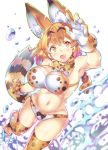  1girl :d animal_ears bangs bare_arms bare_shoulders belly bikini blonde_hair bouncing_breasts bow bowtie breasts cleavage commentary_request extra_ears eyebrows_visible_through_hair gloves hand_up hips kemono_friends looking_up medium_breasts medium_hair navel nib_pen_(medium) open_mouth print_bikini print_gloves print_legwear print_neckwear print_swimsuit scarf serval_(kemono_friends) serval_ears serval_print serval_tail skindentation smile solo splashing stomach striped_tail swimsuit tail takano_itsuki thigh-highs toeless_legwear toes traditional_media water 