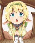  1girl bent_over blonde_hair blue_eyes blurry breasts cleavage cleavage_cutout close-up collar commentary_request depth_of_field elbow_gloves elf face foreshortening gloves green_shirt hairband hands_on_own_thighs isekai_maou_to_shoukan_shoujo_dorei_majutsu large_breasts long_hair o-ring open_mouth pointy_ears shera_l_greenwood shirt solo tamamushi_(tbt) thigh-highs white_gloves white_legwear 