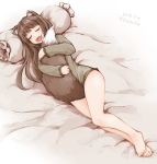  1girl animal_ears barefoot bed_sheet between_legs bottomless brown_hair closed_eyes commentary dated eyebrows_visible_through_hair fang holo hug kagikake long_hair long_sleeves open_mouth pillow revision signature sleeping solo spice_and_wolf tail tail_between_legs tail_hug twitter_username wolf_ears wolf_tail 