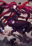  1girl armored_boots bodysuit boots breasts covered_navel dual_wielding duto fate/grand_order fate_(series) gae_bolg grey_background hair_intakes highres holding holding_weapon large_breasts long_hair looking_at_viewer pauldrons polearm purple_bodysuit purple_hair red_eyes scathach_(fate)_(all) scathach_(fate/grand_order) shattering shoulder_armor spear stone weapon 
