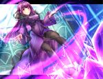  1girl bangs breasts castle commentary_request crystal dress eyebrows_visible_through_hair fate/grand_order fate_(series) fur_trim hair_between_eyes hair_ribbon highres jewelry large_breasts long_hair looking_at_viewer magic pantyhose purple_dress purple_hair red_eyes ribbon rukinya_(nyanko_mogumogu) runes scathach_(fate)_(all) scathach_skadi_(fate/grand_order) smile solo sparkle tiara wand 