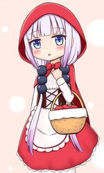  1girl :o apple bangs basket blue_eyes blush bow brown_background cape commentary_request corset cross-laced_clothes cute eyebrows_visible_through_hair food fruit hair_ornament hand_up head_tilt hood hood_up hooded_cape jiu_(sdesd3205) kanna_kamui kobayashi-san_chi_no_maidragon little_red_riding_hood little_red_riding_hood_(cosplay) little_red_riding_hood_(grimm) little_red_riding_hood_(grimm)_(cosplay) long_hair long_sleeves pantyhose parted_lips purple_hair red_apple red_bow red_cape red_skirt shirt skirt solo underbust very_long_hair white_legwear white_shirt 