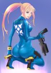  1girl ass back bangs blonde_hair blue_bodysuit blue_eyes bodysuit breasts covered_nipples eyelashes from_behind full_body gun half-closed_eyes hand_up handgun high_heels holding holding_weapon holster impossible_bodysuit impossible_clothes lips lipstick long_hair looking_at_viewer looking_back makeup metroid nintendo open_mouth ponytail samus_aran shimaguni_yamato skin_tight smile solo squatting thigh_holster upper_teeth very_long_hair weapon zero_suit 