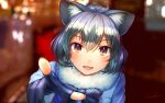 1girl :d animal_ears bangs black_gloves black_neckwear blurry blurry_background bokeh bow bowtie brown_eyes commentary_request common_raccoon_(kemono_friends) depth_of_field eyebrows_visible_through_hair eyes_visible_through_hair fang fur_collar gloves grey_hair hair_between_eyes kemono_friends looking_at_viewer medium_hair multicolored_hair open_mouth partly_fingerless_gloves pointing pointing_at_viewer raccoon_ears signature silver_girl_(saga) smile solo welt_(kinsei_koutenkyoku) 