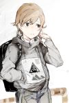  1girl absurdres backpack bag bangs black_eyes brown_hair copyright_request cowboy_shot d: eyebrows_visible_through_hair grey_hoodie grey_pants grimace hand_in_pocket highres hiranko hood hood_down hoodie long_sleeves looking_to_the_side open_mouth pants parted_lips solo 