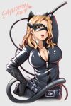  1girl absurdres animal_ears arm_behind_head belt blonde_hair boku_no_hero_academia breasts brown_eyes cat_ears cleavage collarbone commentary_request domino_mask hair_over_one_eye hand_on_hip highres large_breasts mask open_mouth skin_tight tail unzipped utsushimi_kemii yaobin_yang 