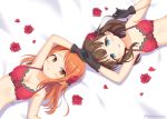  2girls arm_up bangs bare_shoulders bed_sheet black_gloves blue_eyes blush bra breasts brown_eyes brown_hair cleavage collarbone commentary_request dutch_angle eyebrows_visible_through_hair flower gloves hand_holding houjou_karen idolmaster idolmaster_cinderella_girls idolmaster_cinderella_girls_starlight_stage kaiware-san long_hair lying medium_breasts multiple_girls on_back orange_hair parted_lips petals red_bra red_flower red_rose rose rose_petals sakuma_mayu small_breasts smile underwear underwear_only 