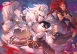  2boys abs black_sclera blue_background blue_eyes crossed_arms detach_sleeves horns ibaraki_(onmyoji) japanese_clothes kimono long_hair looking_at_viewer male_focus multiple_boys nail navel onmyoji parted_lips pointy_ears pom_pom_(clothes) ponytail redhead shenteita shuten_douji_(onmyoji) tassel white_hair wide_sleeves yellow_eyes 