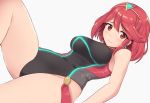  1girl bare_shoulders blush breasts closed_mouth earrings eyebrows_visible_through_hair furrowed_eyebrows groin pyra_(xenoblade) jewelry kayama_kenji looking_at_viewer medium_breasts nintendo one-piece_swimsuit red_eyes redhead short_hair simple_background smile solo swimsuit thighs tiara white_background xenoblade_(series) xenoblade_2 