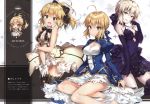  3girls :d absurdres ahoge artoria_pendragon_(all) black_dress blonde_hair bow breasts cleavage dress elbow_gloves fate/grand_order fate/stay_night fate_(series) gloves green_eyes hair_bow hair_ribbon highres huge_filesize kneeling medium_breasts multiple_girls open_mouth ponytail ribbon riichu saber saber_alter saber_lily scan silver_hair sitting smile thigh-highs wariza yellow_eyes zettai_ryouiki 